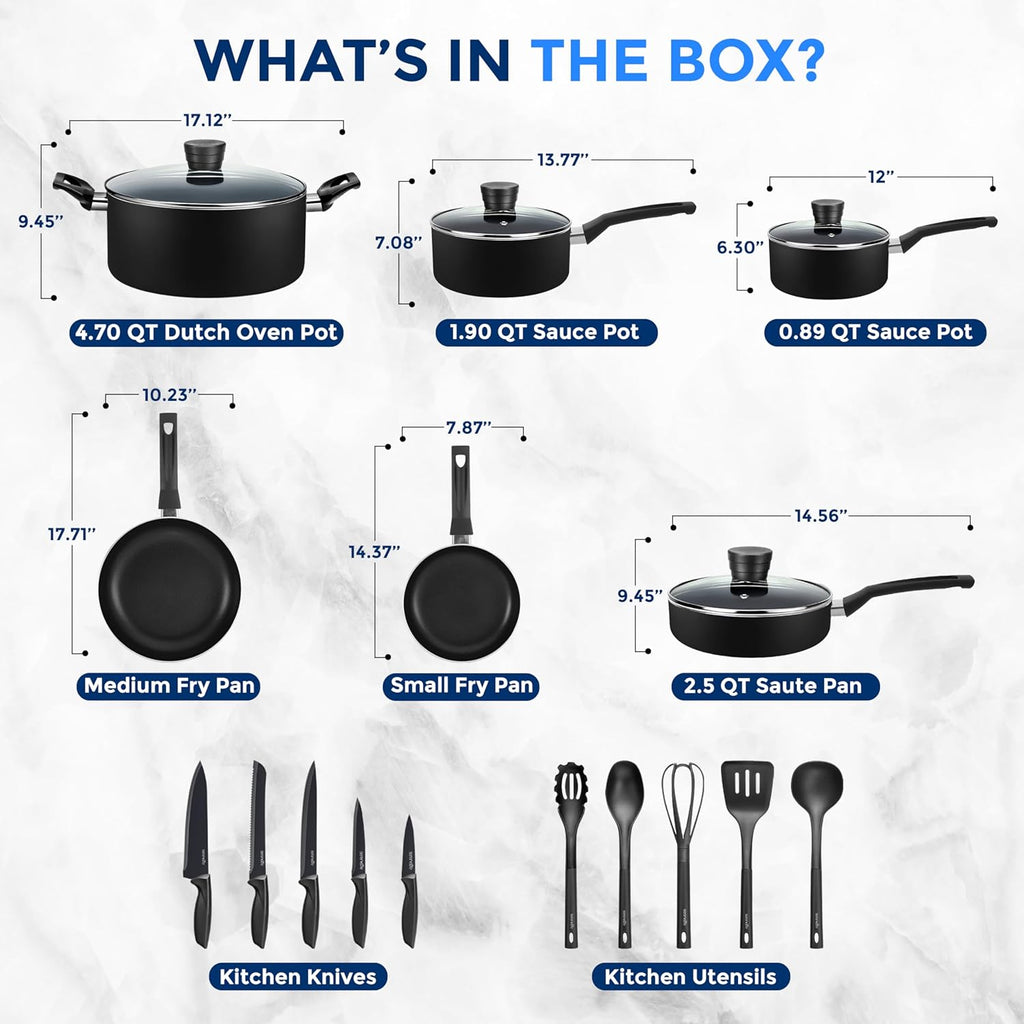 Kitchenware Pots & Pans Basic Kitchen Cookware, Black Non-Stick Coating Inside, Heat Resistant Lacquer (20-Piece Set), One Size